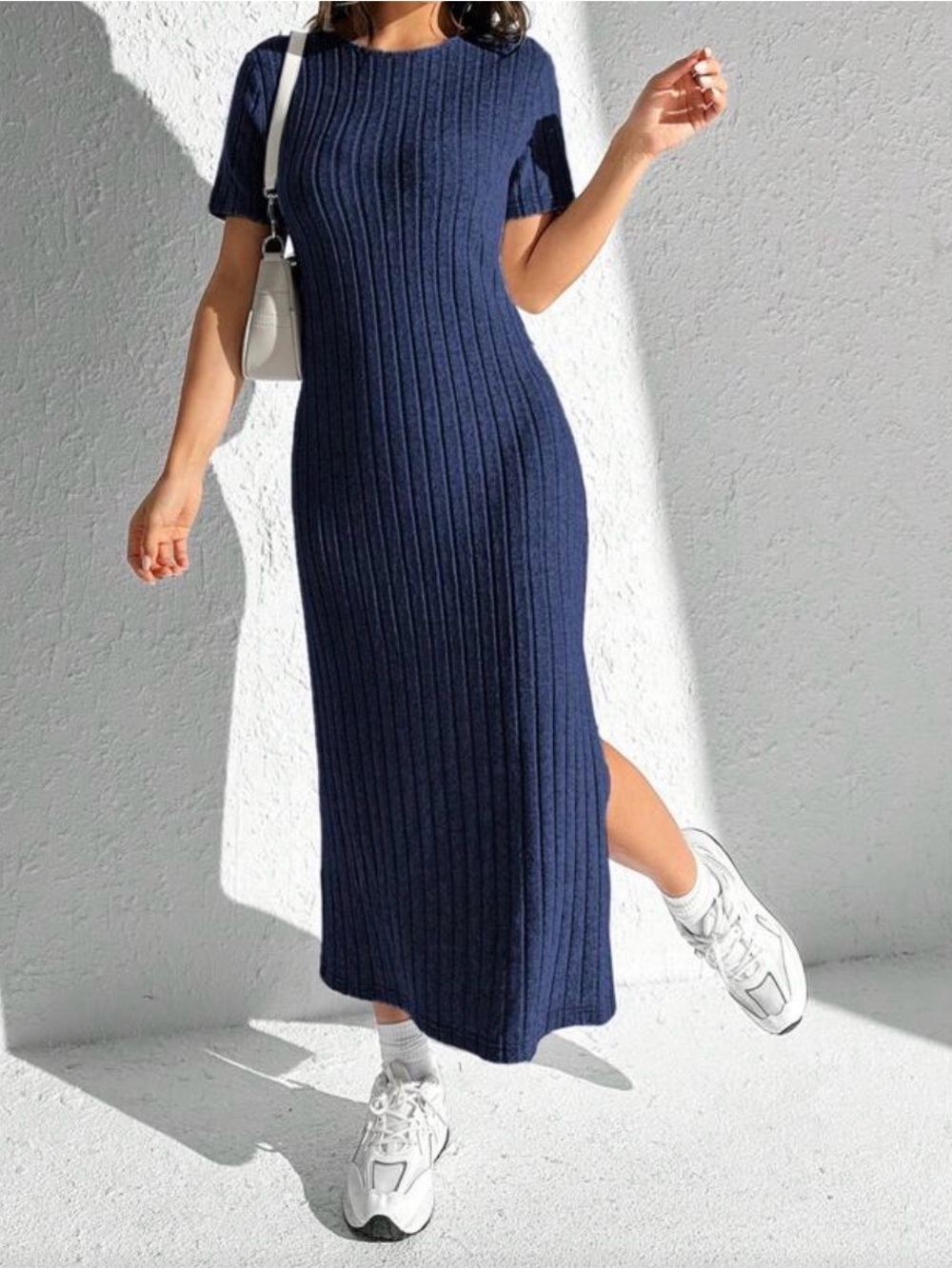 SHEIN Navy Ribbed Knit Short-Sleeve Maxi Dress
